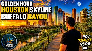 Houston Golden Hour Walk: Buffalo Bayou Trail to Sabine Street Bridge | POV Travel Vlog [4K 60fps]