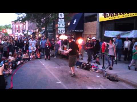 Fire dancer performs in Brattleboro Strolling of the Heifers Gallery Walk