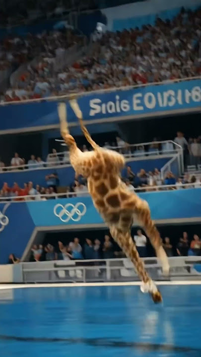 Giraffe jumps on pool