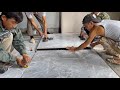 Professional Kitchen Room Floor Construction Workers Use Ceramic Tiles Big Size