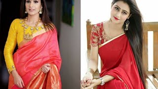 Latest plain saree with heavy blouse design 2020 ||Contrast blouse with plain saree