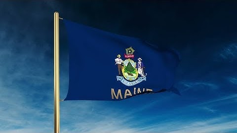 4K maine flag slider style with title. Waving in the wind with cloud background animation Stock