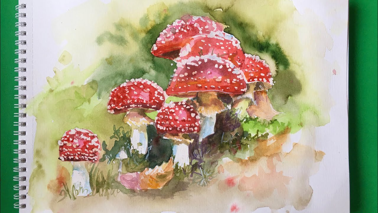 Как нарисовать мухомор акварелью