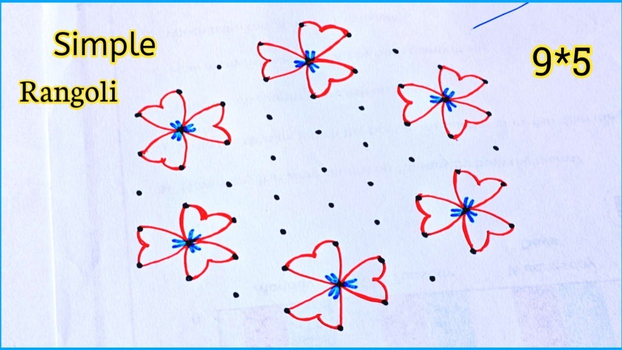 Easy 9*5 dots Rangoli design 🌺Simple Chukkala muggu | 9 muggulu 