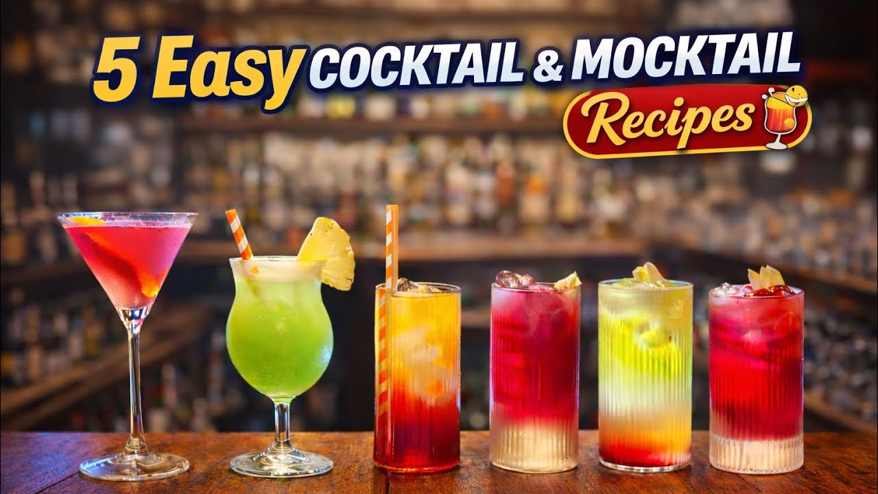 5 Easy Cocktail & Mocktail Recipes 🍹 | Stunning Party Drinks | Bar Style Drinks at Home