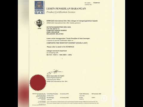 BOMBA certificate and SIRIM LICENSE