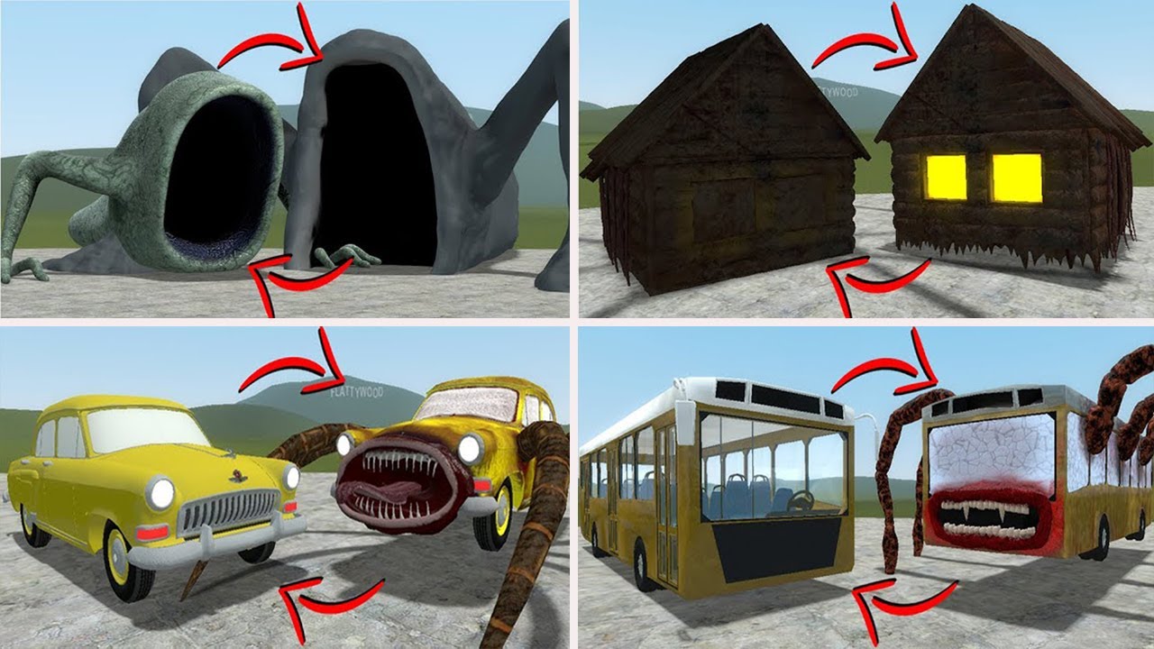 EVERYTHING TURNED INTO MONSTERS:BUS EATER BUILDER, HOUSE HEAD,CAR EATER VS ALL TREVOR HENDERSON GMOD