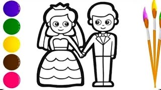 Cute Bride & Groom Drawing Painting Colouring for kids Toddlers | How to draw Bride & Groom easy