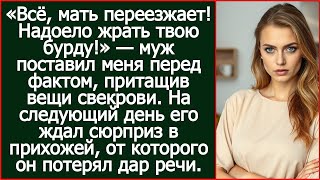видео: «Всё, мать переезжает! Надоело жрать твою бурду!» — сообщив муж, притащив вещи свекрови. картинка: «Всё, мать переезжает! Надоело жрать твою бурду!» — сообщив муж, притащив вещи свекрови.