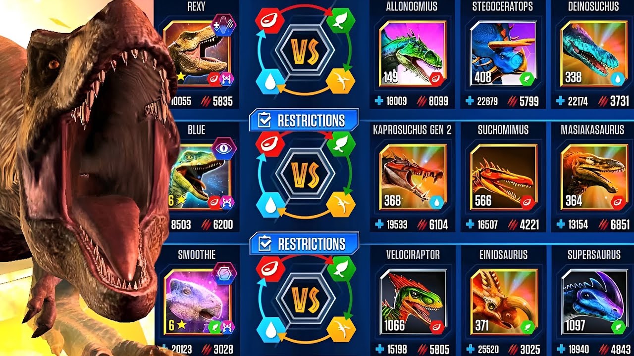 A TOUGH BATTLE BETWEEN REXY, BLUE, AND SMOOTHIE | JURASSIC WORLD THE GAME
