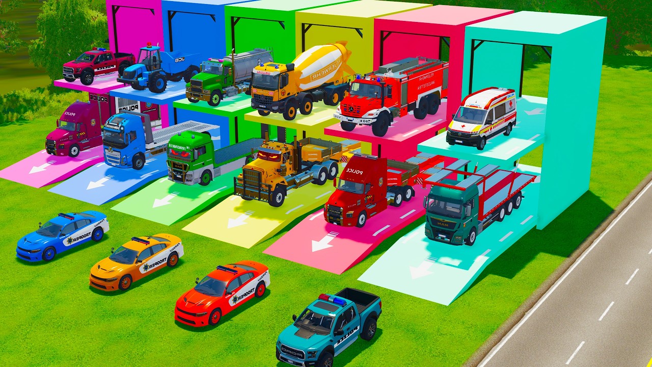 TRANSPORTING FIRE ENGINE, AMBULANCE, POLICE CARS, TIPPER TRUCK TO GARAGE - FS22