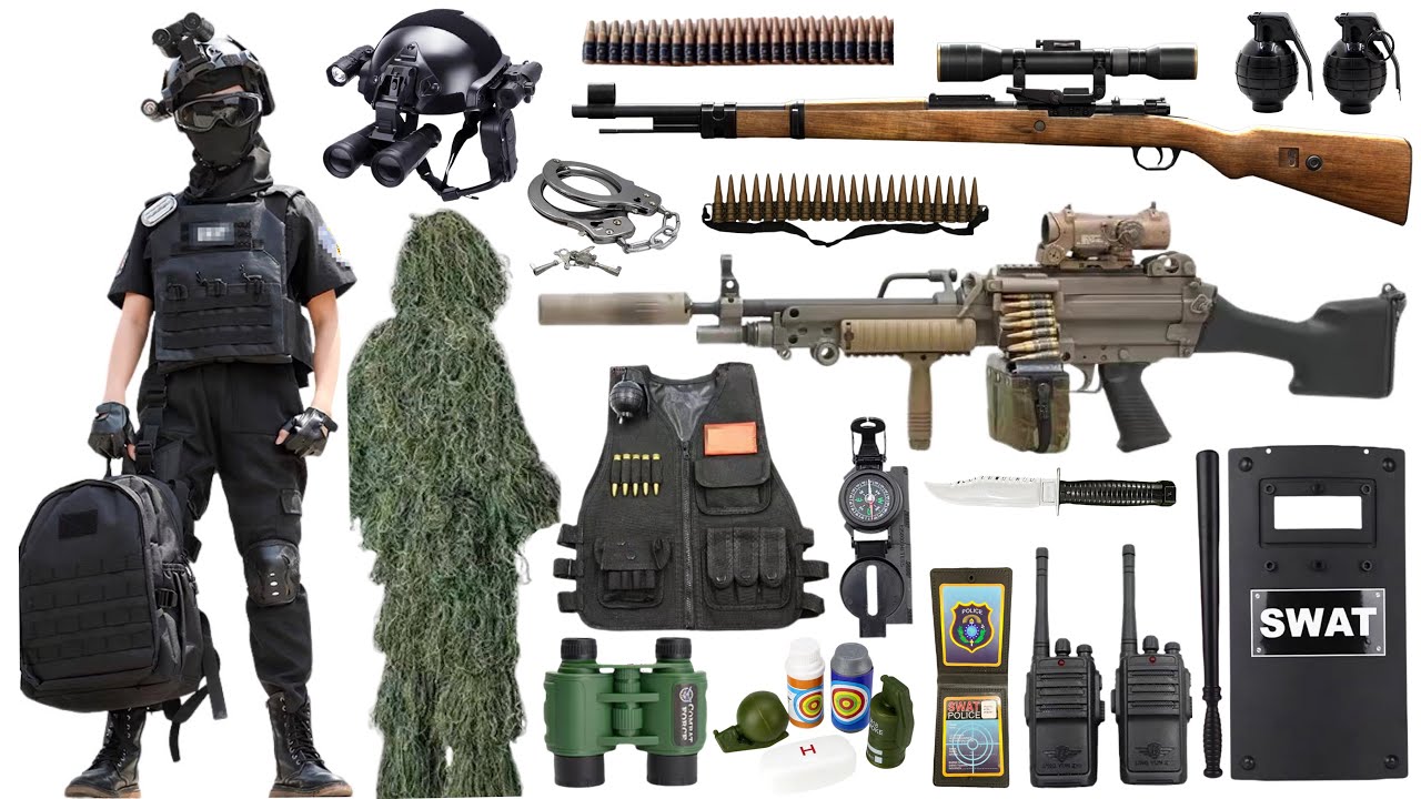 Special police weapon toy gun set unboxing, 98K sniper gun, M249 light machine gun, bomb dagger