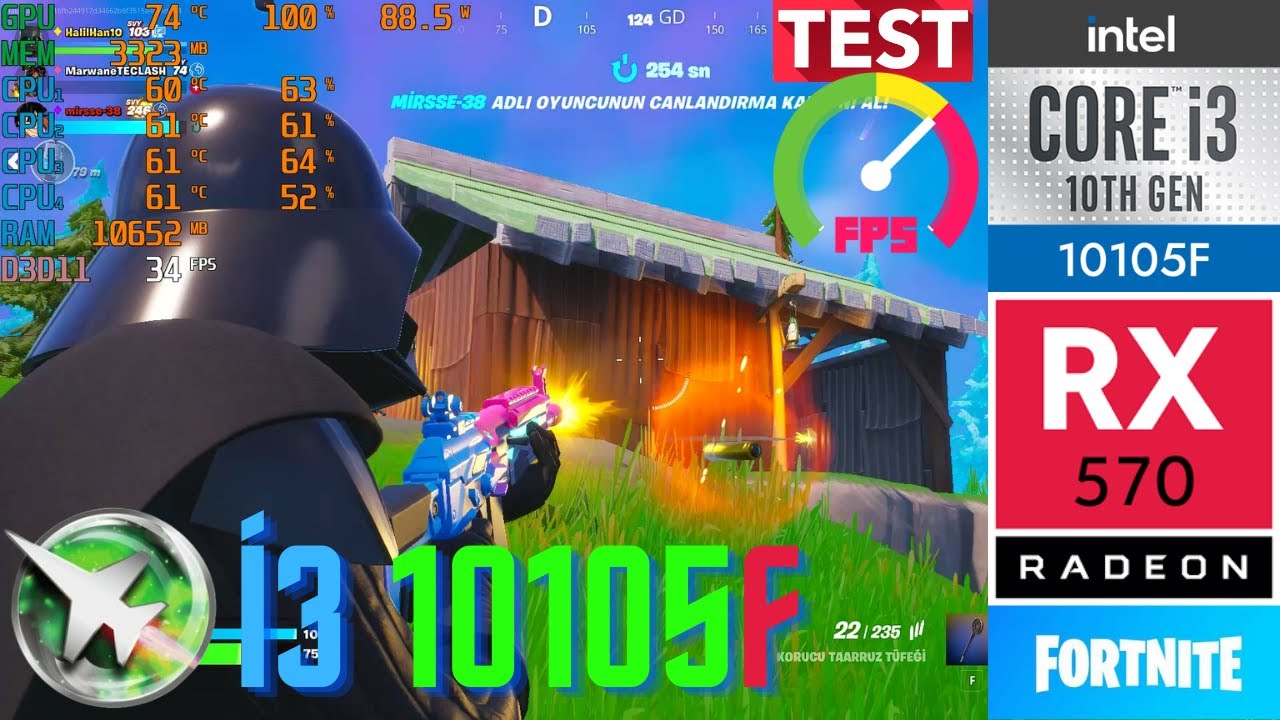 Fortnite i3 10105F RX 570 4GB 16GB (2X8GB) FPS Test