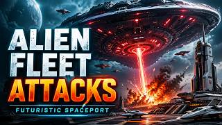 Alien Fleet Attacks a Futuristic Spaceport | Sci-Fi AI Cinematic