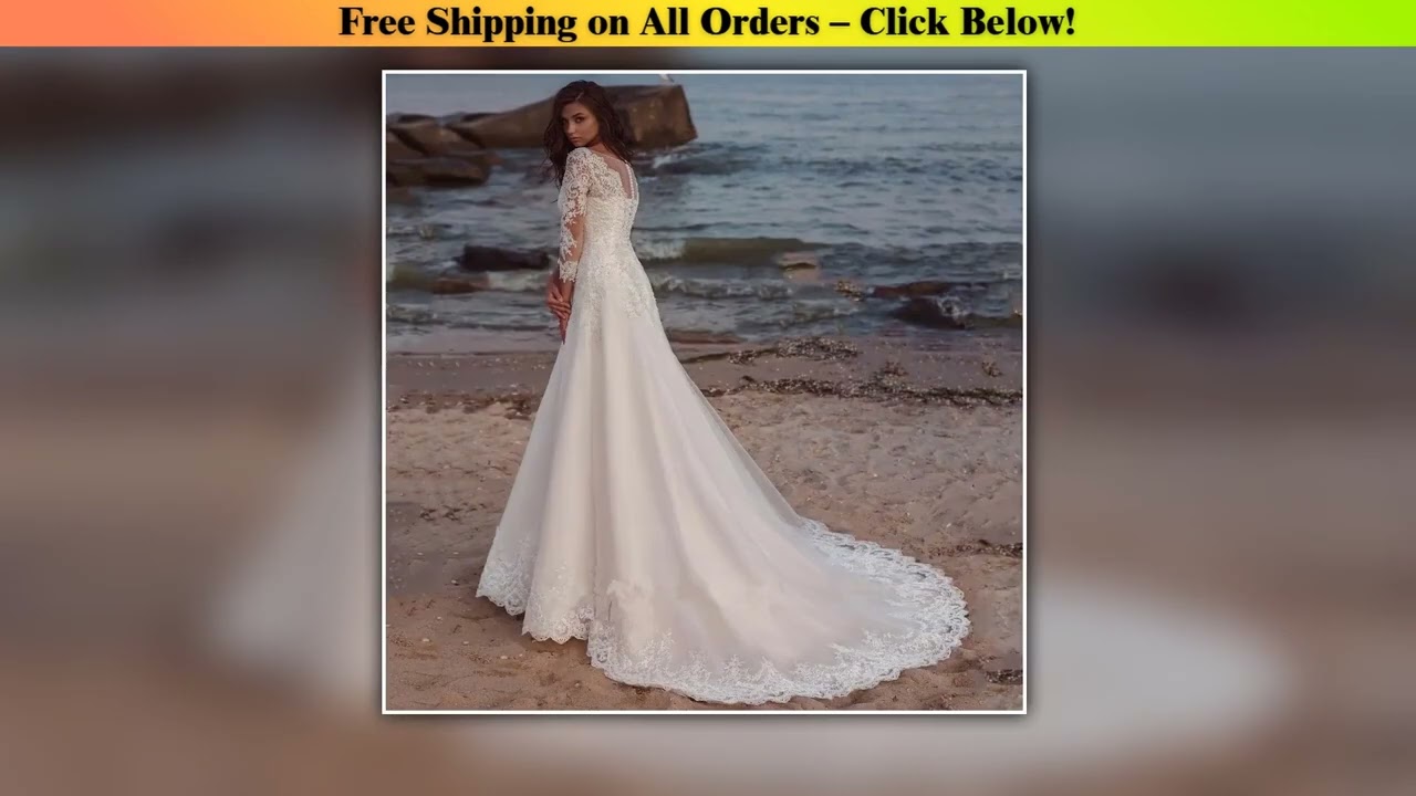 Long Wedding Dress Elegant Long Sleeves V Neck Lace Appliques A Line Tulle Sweep Train Bridal  For