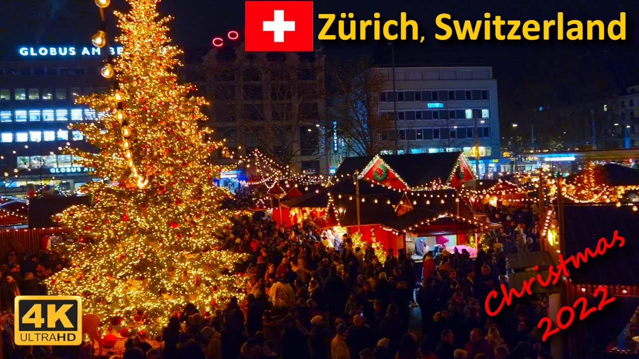 Christmas lights and markets in Zürich Wienachtsdorf, Sechseläutenplatz December 2022【4K