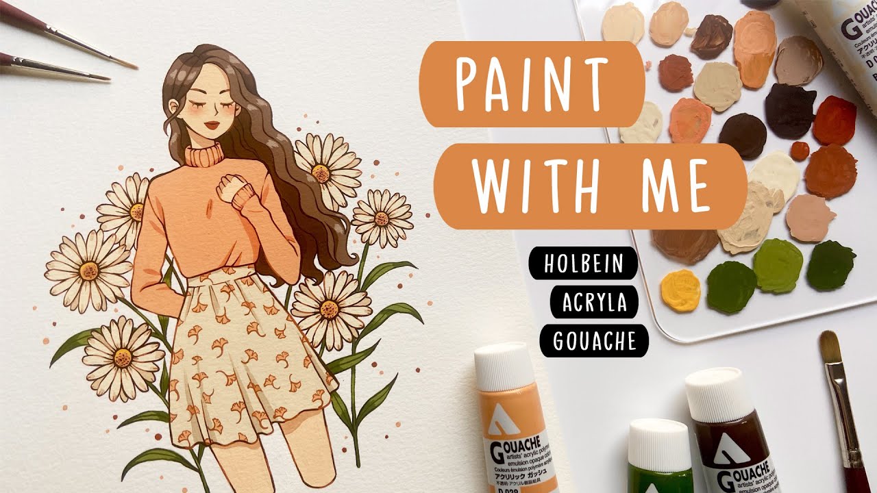 🌼 Paint with me / Relaxing holbein acryla gouache painting process ...