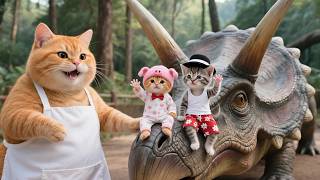Two Little Kittens Visit The Dinosaur Park With Mama Cat