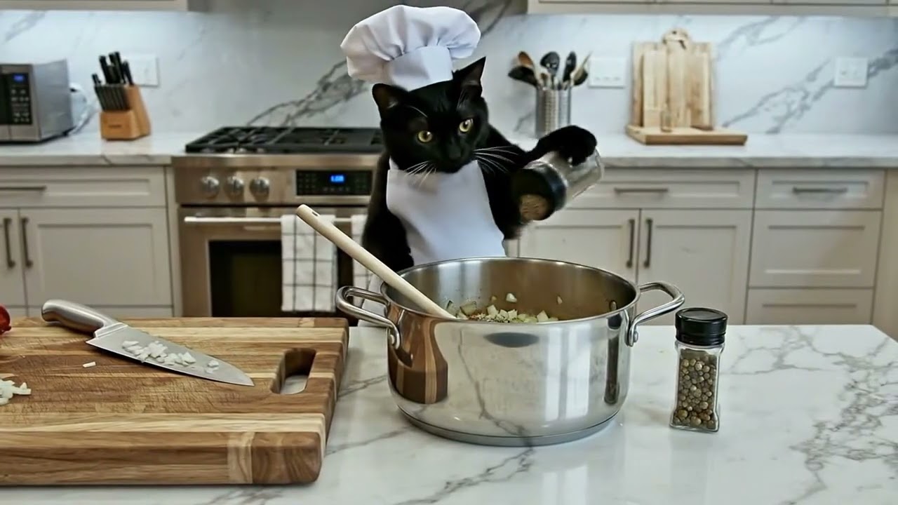 Cat Cooking Spicy Boiled Beef. 