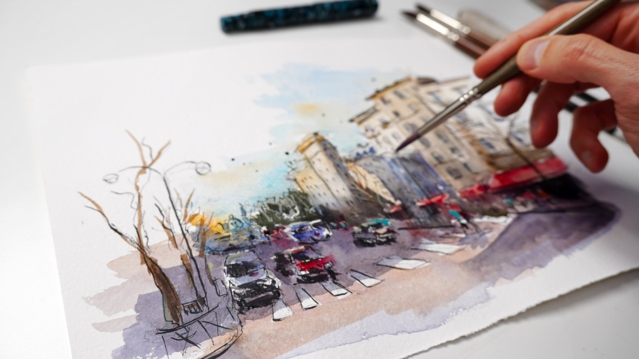 Urban Sketching in Ink & Watercolor - art process - no music, no talking