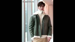 Denny&Dora Men's Shearling Jacket Dark Green Shearling Jacket Cropped Short Sheepskin Coat For Men