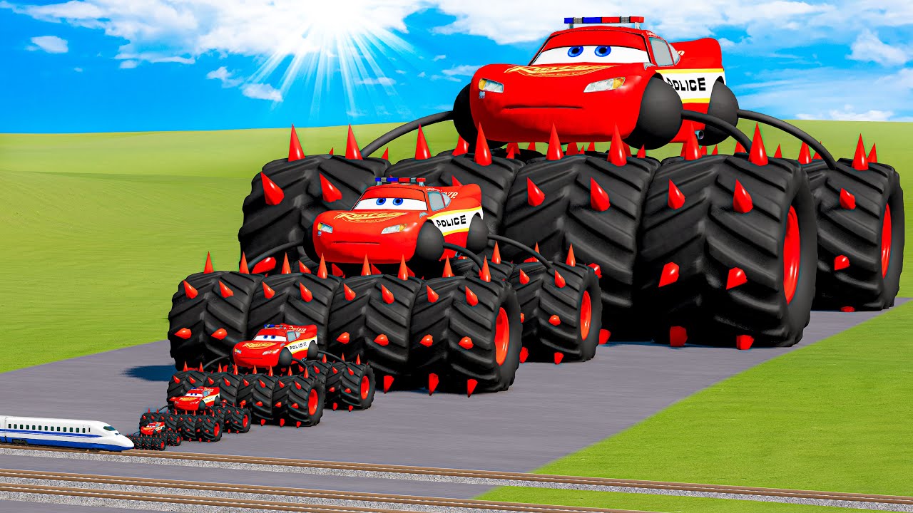 Big & Small Lightning McQueen Police cars vs Thomas Trains | BeamNG.Drive