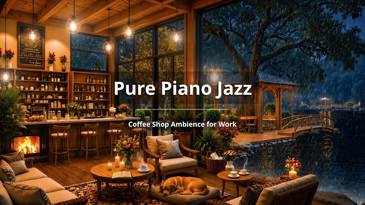 (NO ADS) Lakeside Cozy Coffee Shop with Smooth Piano Jazz Music for ...