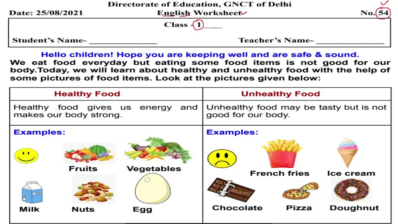 class 1 worksheet 54 english worksheet 54 class 1 healthy unhealthy food 25aug2021 doe youtube