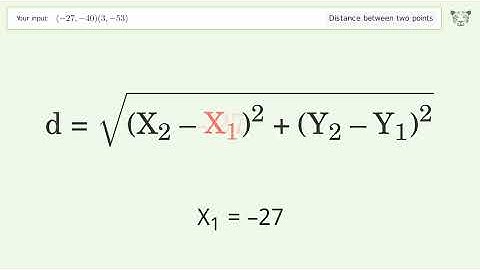Find the distance between two points p1 (-27,-40) and p2 (3,-53): Step-by-Step Video Solution