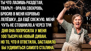 картинка: Ты что лазишь раздетая, дрянь! - орала свекровь, бросив в меня коровью лепёшку, а через 3 дня я...
