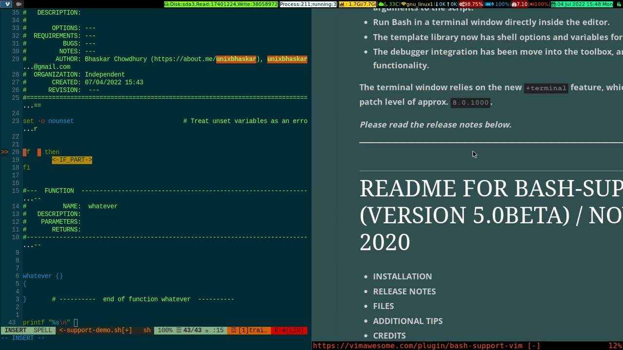 Bash Support Plugin In VIM 2022_07_04_15:41:42