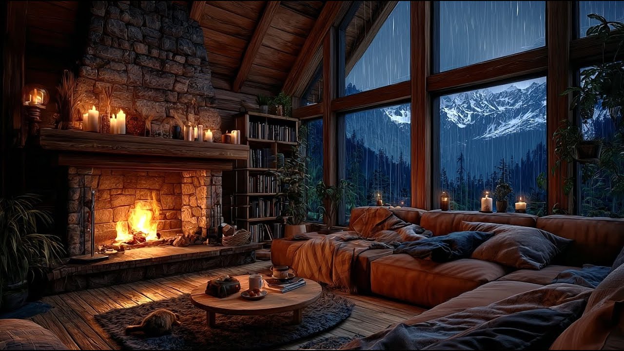 Cozy Mountain Cabin in Thunderstorm | Rain & Fireplace Ambience - YouTube
