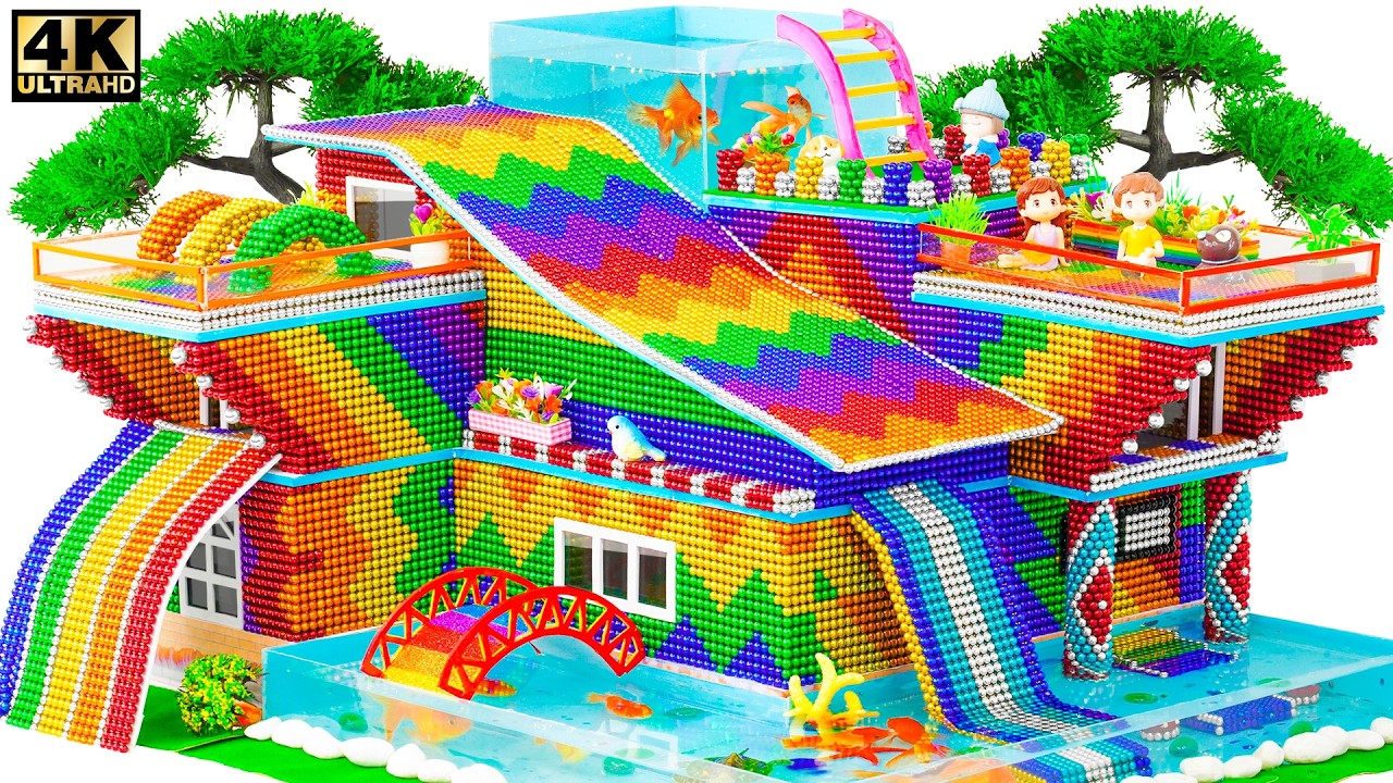 DIY Giant Colorful Magnet Ball Luxury Villa with Rooftop Pool, Waterfall and Slide 4K