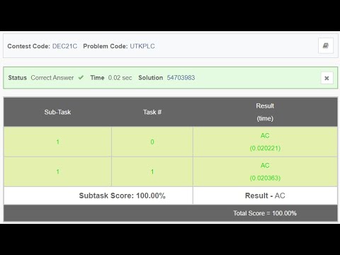 Utkarsh and Placement tests UTKPLC Solution Codechef #december_long_challenge