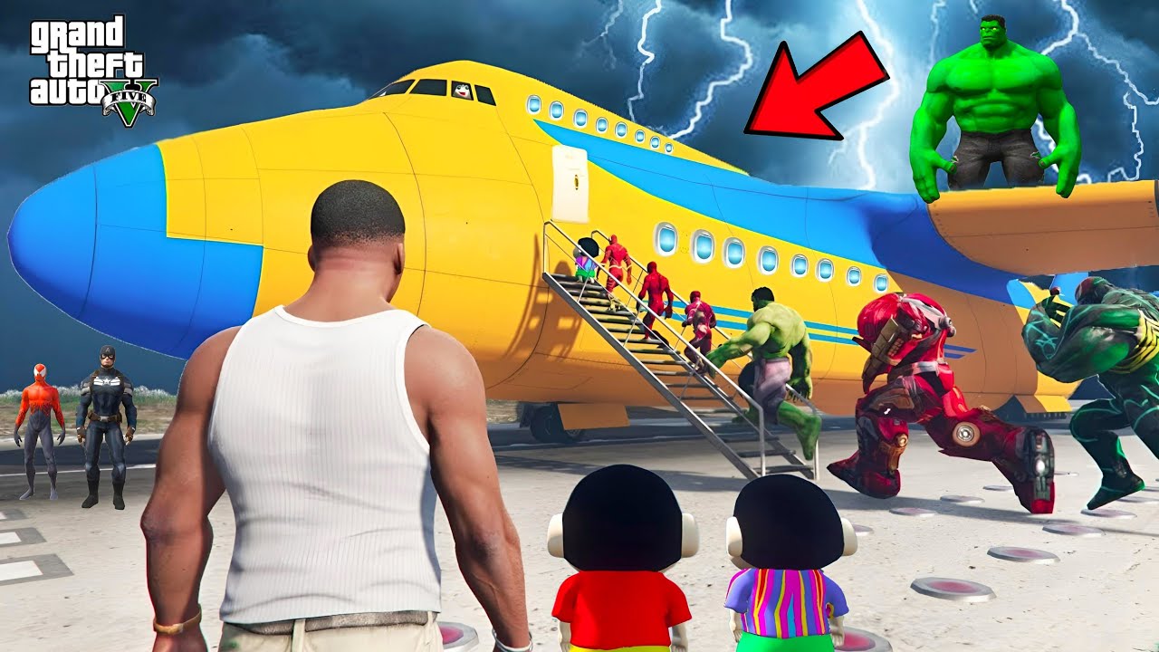 GTA 5 Franklin and Shinchan First Plane ভ্রমণ Trip With All Avengers in GTA 5 ! mods Bangla Gameplay