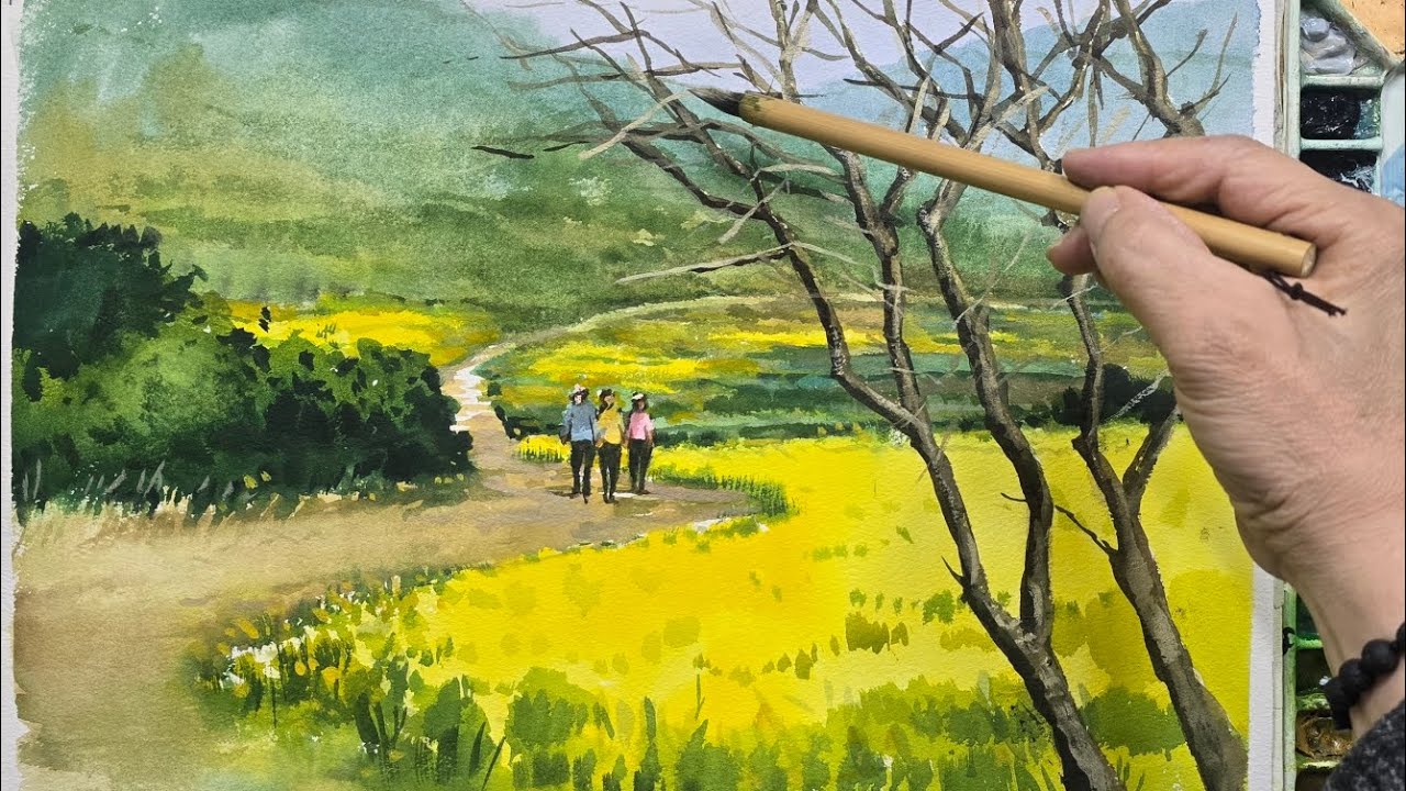 봄길을 걷는 사람들, 수채화로 그리기
