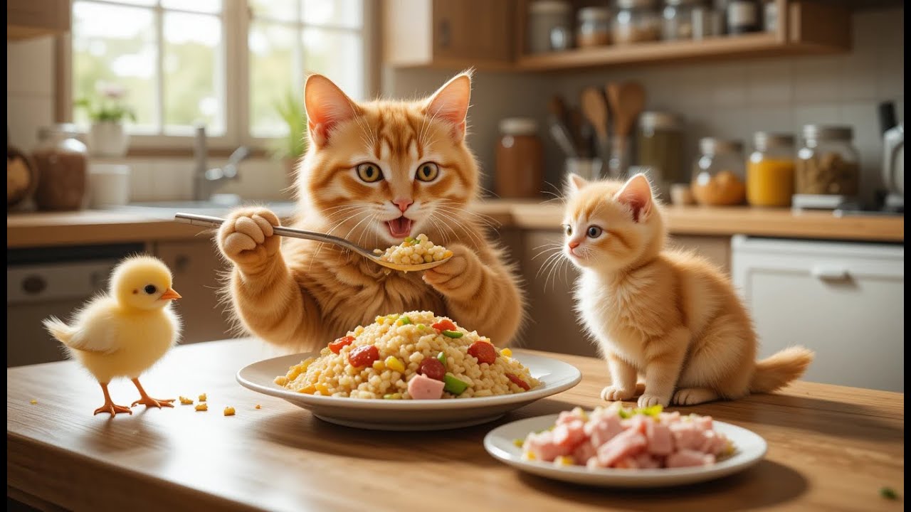Mama Cat Cooks Egg Fried Rice for Kittens — With Help from Baby Chicks ...