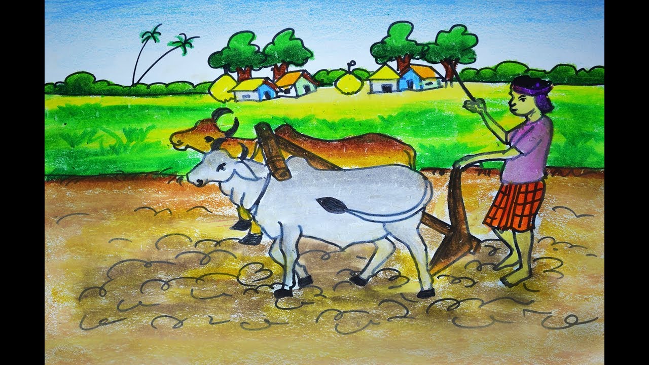 How To Draw Cultivation Scenery How To Draw A Farmer Working In