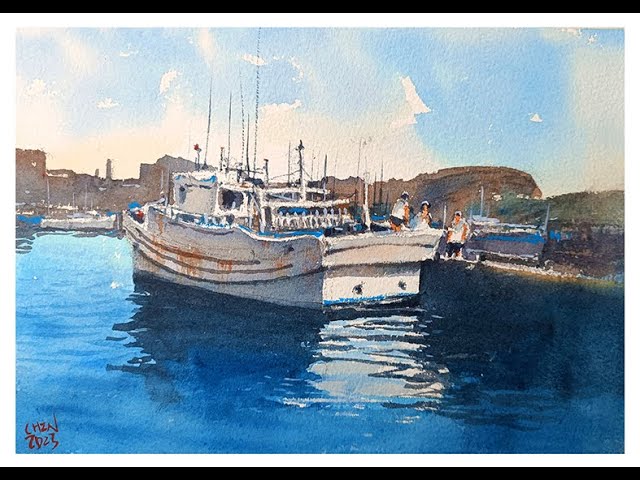 How To Draw A Fishing Port With Reflections 如何繪製漁港與倒影