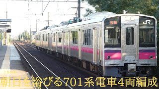 朝日を浴びる701系電車4両編成(上飯島駅)