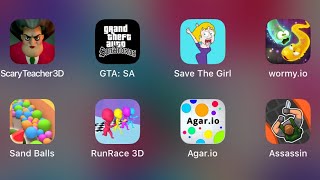 Scary Teacher3D, GTA: SA, Save The Girl, wormy.io, Sand Balls, Run Race 3D, Agar.io, Assassin screenshot 1