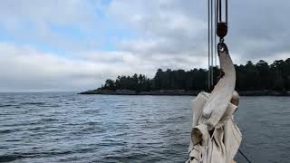 Schooner Olad 05 motoring and lowering mainsail, Camden, ME, 2026-08-19