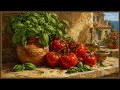 Vintage Tuscan Tomatoes &amp; Basil | 1 Hour Silent Ambient No Music | Warm Italian Botanical Art