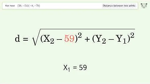 Find the distance between two points p1 (59,-54) and p2 (-8,-70): Step-by-Step Video Solution