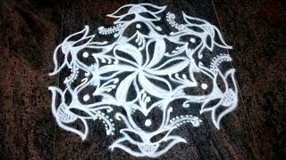 Beautiful flower kolam designs with only 7×4 dots||rangoli||kolam||easy & simple rangoli||