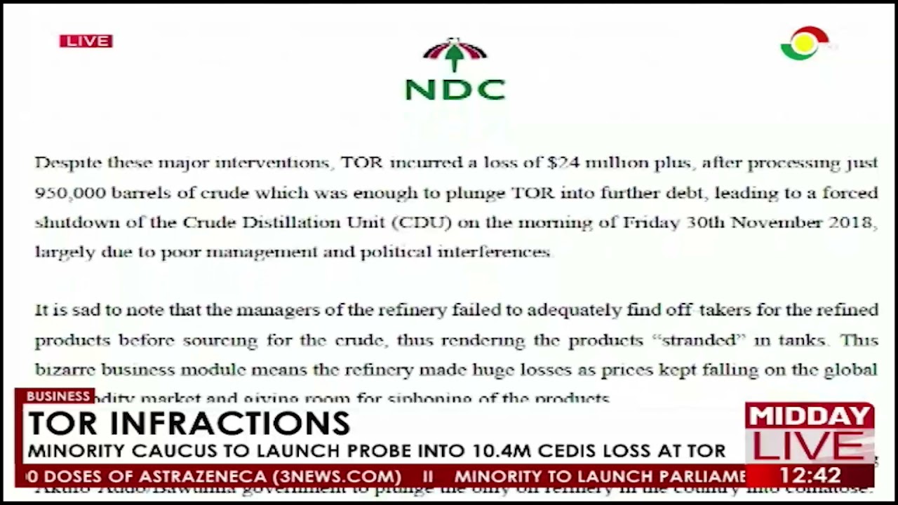 Minority caucus to launch probe into 10.4M Cedis loss at TOR