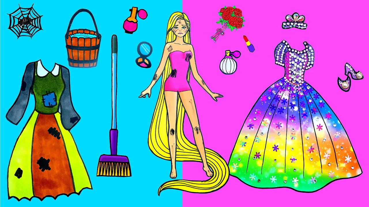 Paper Dolls Dress Up Costumes Rapunzel Dresses Handmade Quiet Book Barbie Story Crafts 