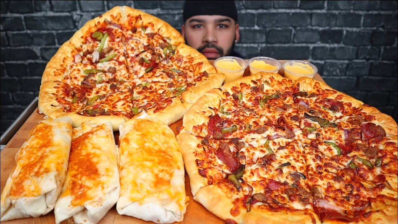 ASMR PIZZA HUT SUPREME PIZZAS AND TACO BELLS GRILLED CHEESY BURRITOS & CHEESE SAUCE MUKBANG