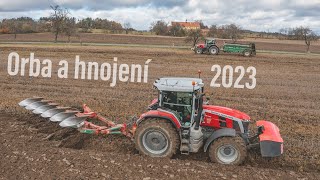 Hnojení a orba 2023 - 2x Massey Ferguson 8S 305 & 265 + Kverneland PG100 & Samson SP 15