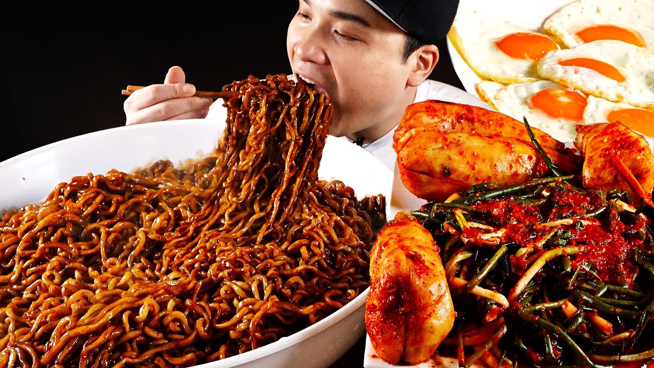 들기름 넣은 짜파게티에 파김치와 총각김치 먹방~!! Jjapaghetti, green onion kimchi, bachelor kimchi